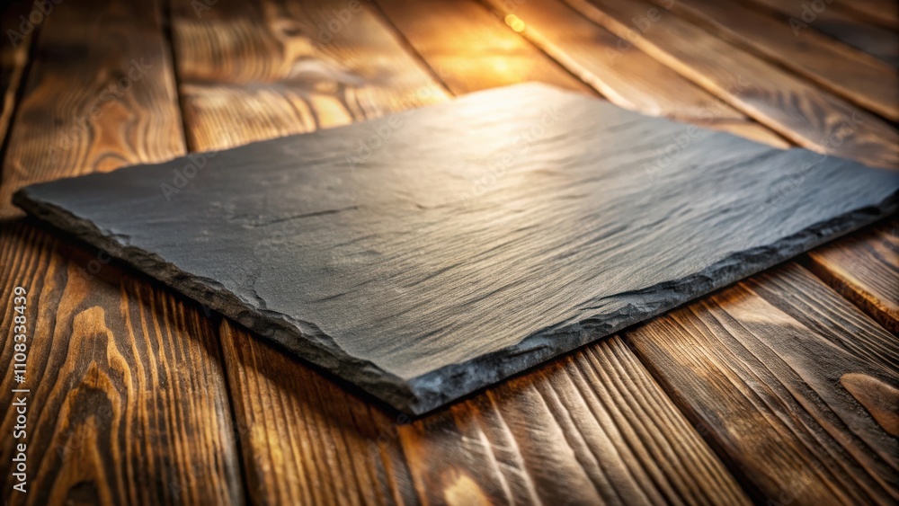 Poster a rustic wooden table with a natural slate serving board, perfect for displaying food or other objec