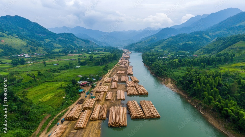 Poster a river with a lot of logs floating on it