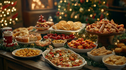 Obraz premium Festive holiday feast with assorted dishes and decorations in a cozy setting