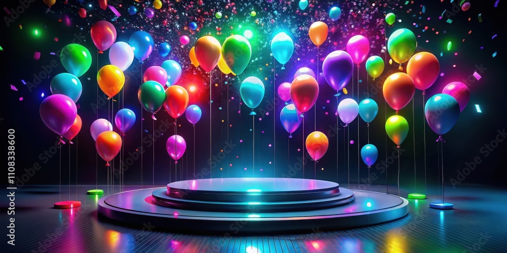 Poster a circular platform surrounded by colorful balloons and confetti in a dark room with neon lights