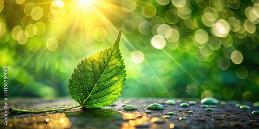 Poster a single leaf rests on a dewy surface with a sunlit bokeh background, capturing the essence of sprin