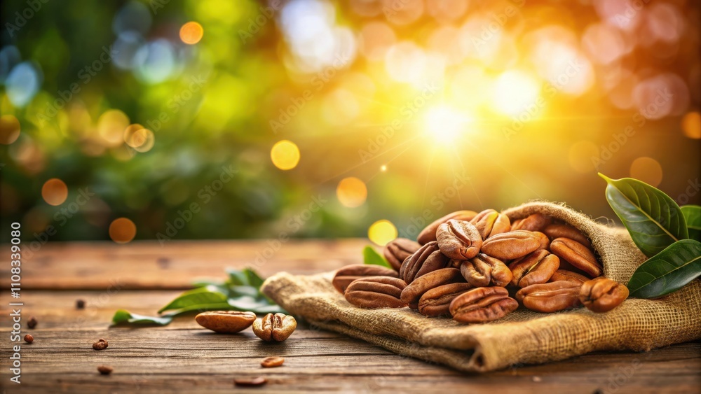 Poster a pile of pecan nuts on burlap with green leaves in the foreground and a blurry background of a sunn