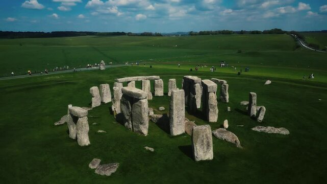 Drone view of Stonehenge and Wiltshire Countryside in England, UK. The stone circle dates to 3000 BC and is one of the best known ancient wonders of the world and UNESCO World Heritage Site.