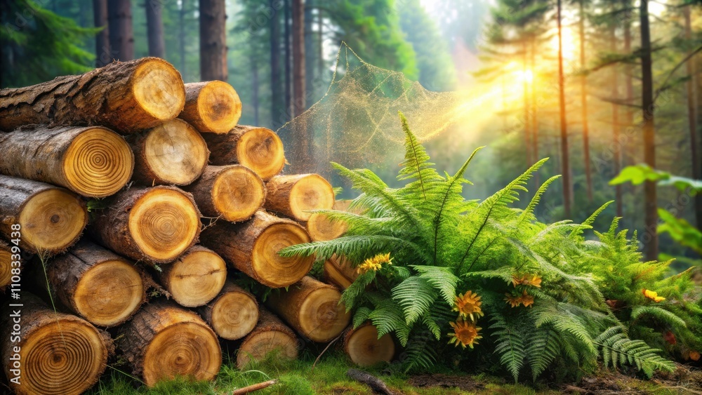 Poster Sunlight Filtering Through the Trees Illuminates a Stack of Logs,  Surrounded by Lush Ferns in a Tranquil Forest Setting