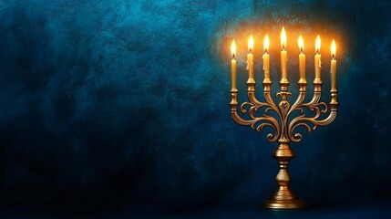 Fototapeta premium A beautifully lit golden menorah against a deep blue backdrop, ideal for Hanukkah celebrations, invitations, or festive décor reflecting warmth and elegance.