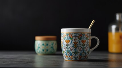 Here's a possible  and keyword list for your stock photo.. Ornate mug with patterned design, honey jar, and juice bottle on a dark background.
