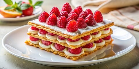 Elegant Millefeuille Dessert with Raspberries and Cream