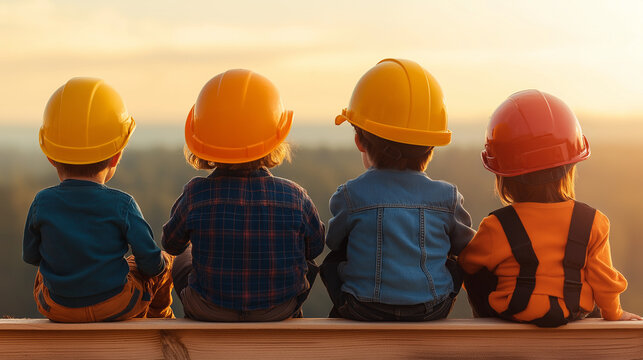Little Builders Dream Big: A heartwarming image of four children, wearing hard hats and construction vests, sit together, gazing at the sunset, signifying a shared vision for the future.