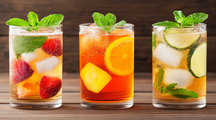 Refreshing Summer Drinks:  A trio of iced teas, each brimming with vibrant fruit and fresh mint,  beckons you to unwind and savor the sweetness of summer.  