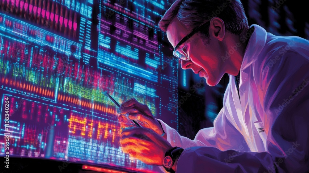 Poster a biomedical scientist analyzing dna sequences with advanced software