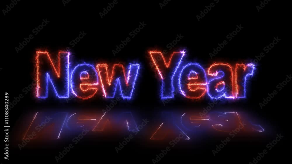 Fototapete Glowing neon text New Year with creating a festive and luxurious New Year effect. Illuminated shiny text new year 2025 and reflection neon