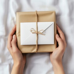 Gift Box with Card on Soft White Fabric Background