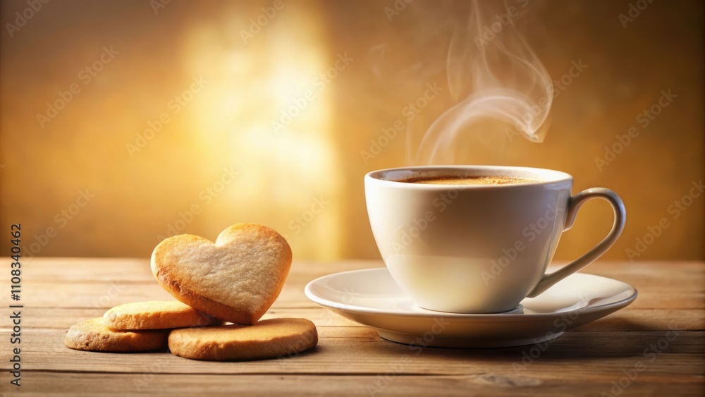 Poster a steaming cup of coffee on a wooden table with heart-shaped cookies, creating a warm and inviting a