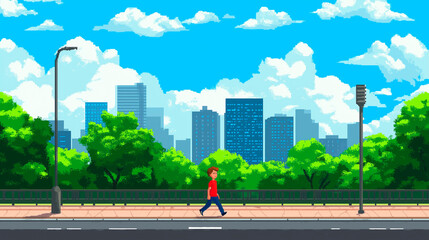 Pixel art. Walking in a big city. Space for text. neon cyberpunk digital 8 16 32 64 bit painting. Japanese or fantasy anime poster flyer banner email header social media post. Generative Ai content