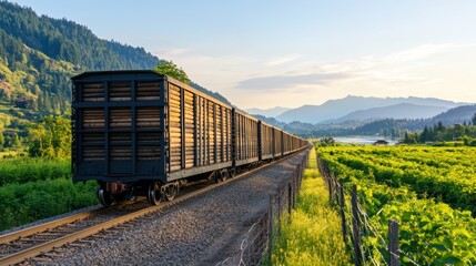 Fototapeta premium A train is traveling down a track with a green field on the side