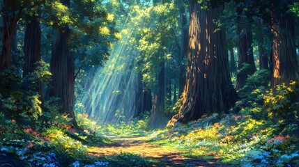 Obraz premium Sunlight Filtering Through a Lush Forest Path