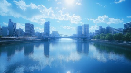 Obraz premium A city river with pedestrian bridges, reflecting the tall buildings lining the banks