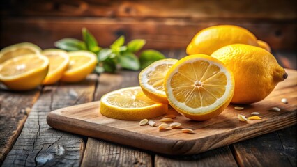 A rustic wooden table displays a collection of vibrant lemons, sliced and whole, revealing their juicy interiors and a scattering of seeds.