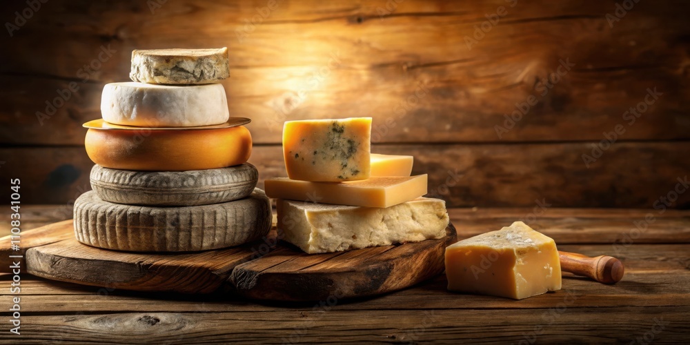 Poster a rustic still life featuring a stack of aged cheeses on a wooden board with a warm lighting and bro