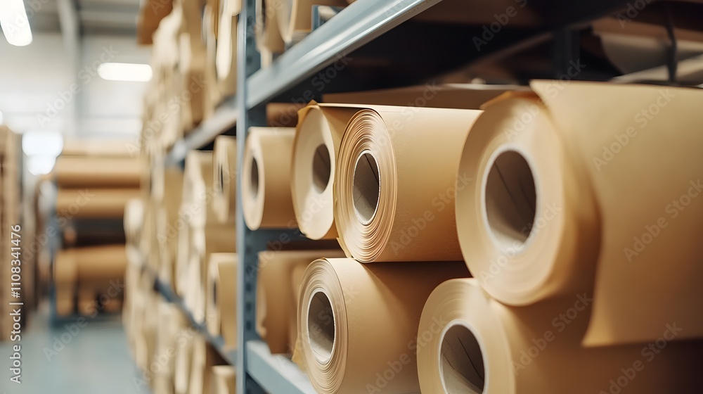 Poster a warehouse with many cardboard boxes stacked on pallets. the boxes are all different sizes and are 