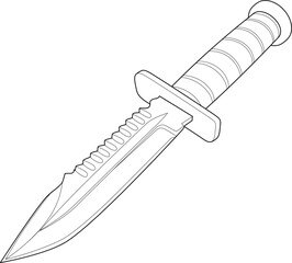 a combat knife with a sharp pointed blade, a serrated spine, and a textured handle, emphasizing its functionality and robust design