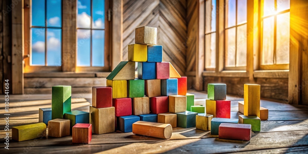 Fototapete a colorful tower of wooden blocks sits on a rustic wooden floor bathed in the golden light of the su