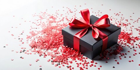 Obraz premium A black gift box with a red bow on a white background with red heart confetti.