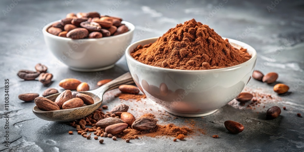 Poster A bowl of rich cocoa powder with scattered cacao nibs and beans in a rustic setting.