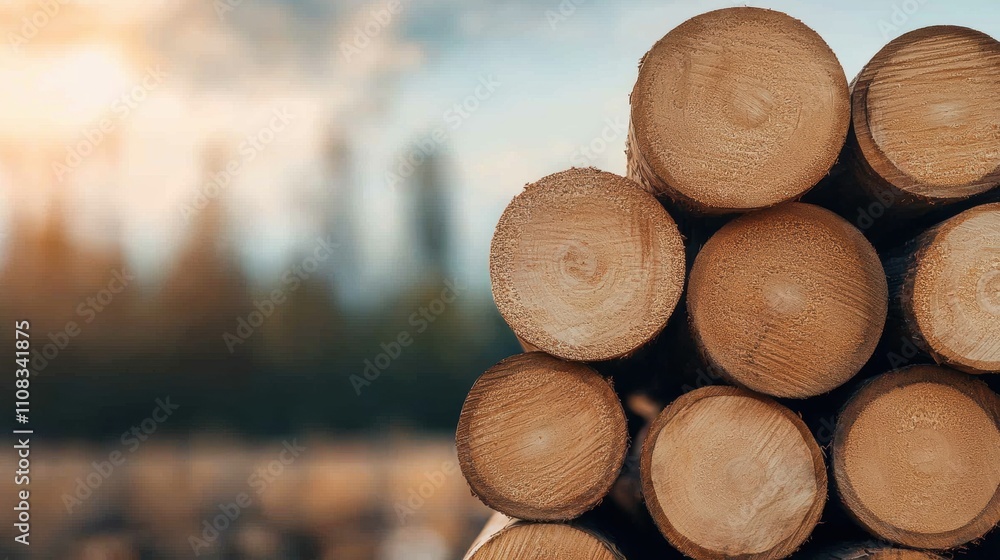 Poster a stack of logs with a tree in the background