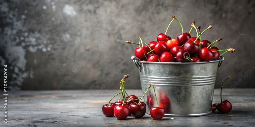 Poster a close-up of fresh, ripe cherries in a metal bucket on a rustic wood surface with a blurred backgro