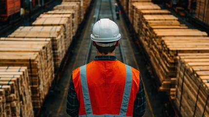 Obraz premium A man in a safety vest stands in front of a pile of wood
