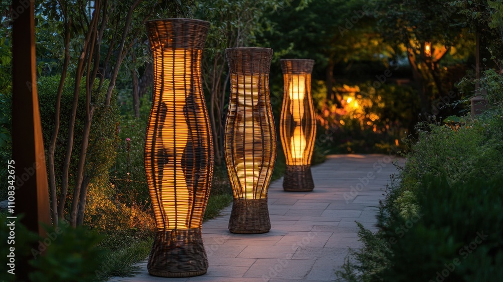 Poster here's a description and keywords for the image.. illuminated tall bamboo garden lanterns illuminate