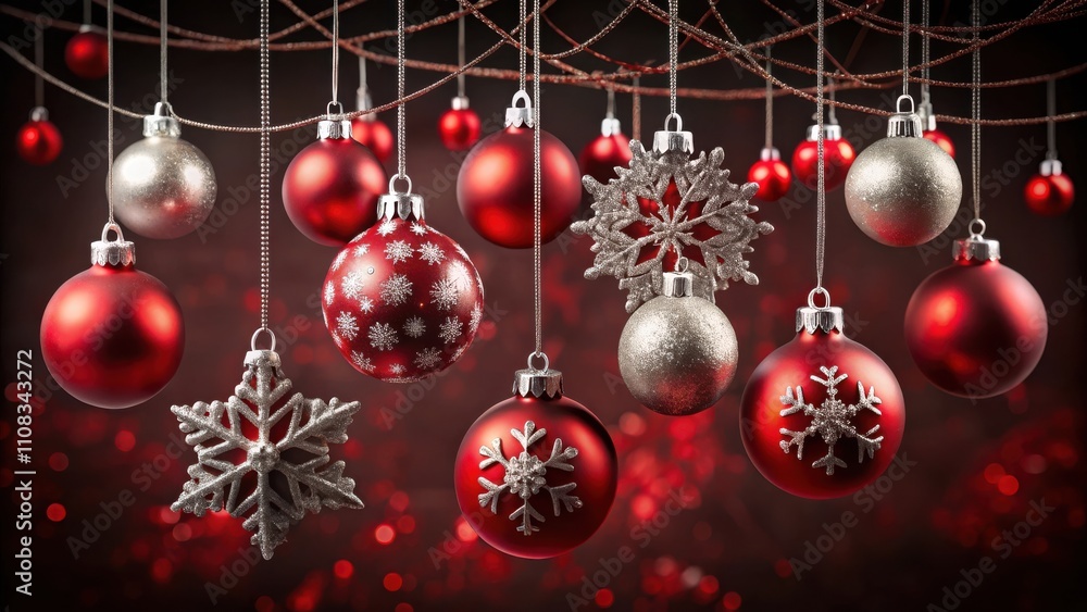 Poster red and silver christmas ornaments hanging from twine with a blurry red and white background