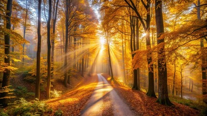 Naklejka premium Golden Autumn Forest Pathway Aerial View