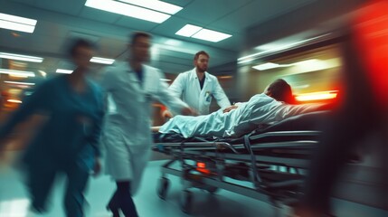 Emergency medical team rushes patient through hospital corridor at night.A group of medical professionals swiftly transports a patient on a stretcher through a dimly lit hospital corridor