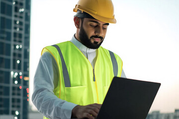Portrait of a Saudi Arabian Gulf architect wearing a work hat and protective suit, standing with hands, standing firm and strong, self-confidence and psychological comfort, white background