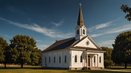 Here's a possible  and keyword list for your stock photo.. Serene white church on a sunny day.