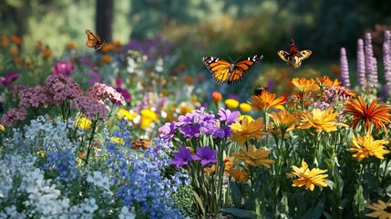 A flower garden bursting with color in spring, with butterflies fluttering and bees pollinating