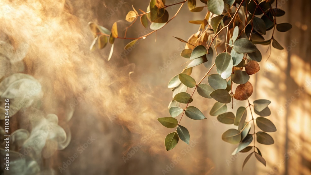 Poster A single branch of delicate eucalyptus leaves hangs against a backdrop of warm, diffused light, creating a dreamy and ethereal atmosphere.