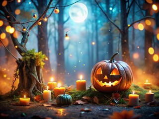 Obraz premium Halloween Woods Bokeh Product Photography, Cinematic AI Art