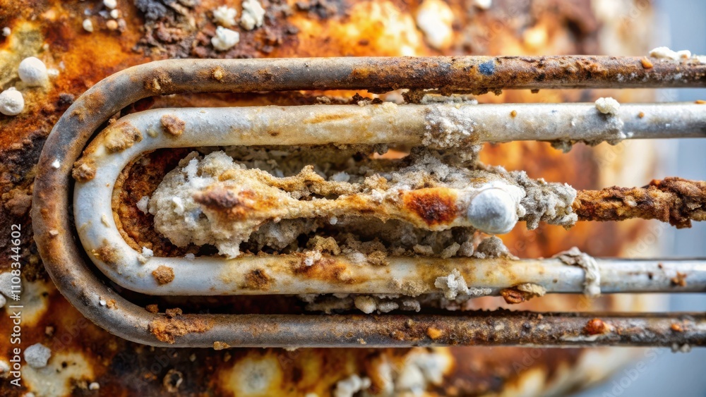 Poster A close-up view of a rusted and mineral-encrusted heating element, revealing the impact of prolonged use and exposure to harsh conditions.