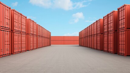 Fototapeta premium A row of red shipping containers are stacked in a warehouse