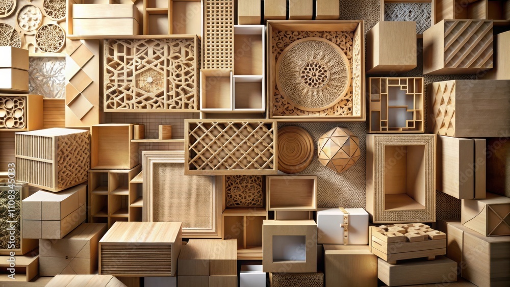 Poster A Geometric Tapestry of Carved Wood Boxes and Panels, Intertwined with Intricate Patterns and Latticework