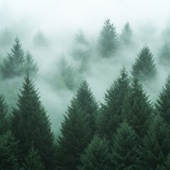 Fototapeta premium Dense Pine Forest with Mist on Soft White Background