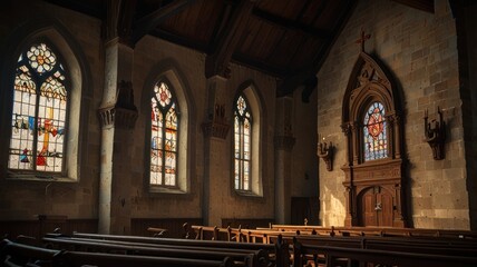 Here's a possible response.. Sunlit church interior with stained glass windows and wooden pews.