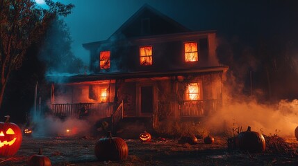 A Halloween haunted house attraction with spooky decorations, fog, and eerie lighting