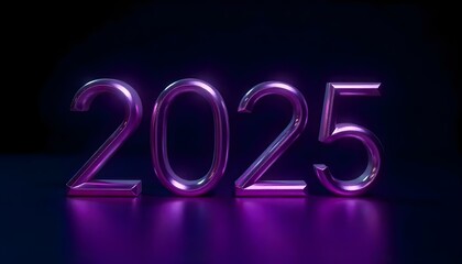 A clean and modern design of the number 2025, featuring sleek metallic titanium lines and a purple glowing effect