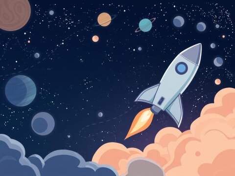 Cartoon space shuttle launching among planets, asteroids, and stars in a galaxy exploration themed vector poster, universe, stars, astronomy
