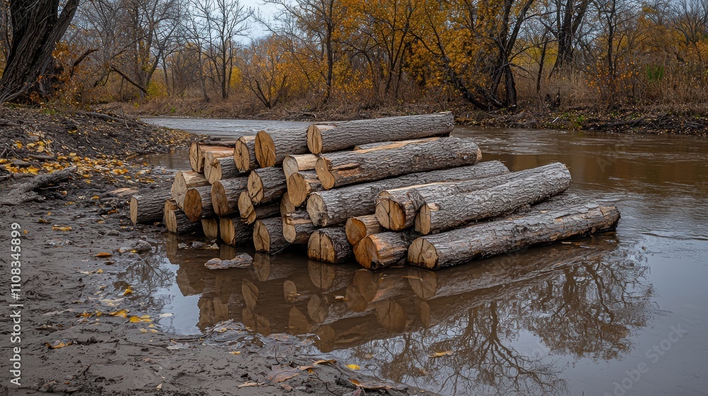 Poster a pile of logs is floating in a river