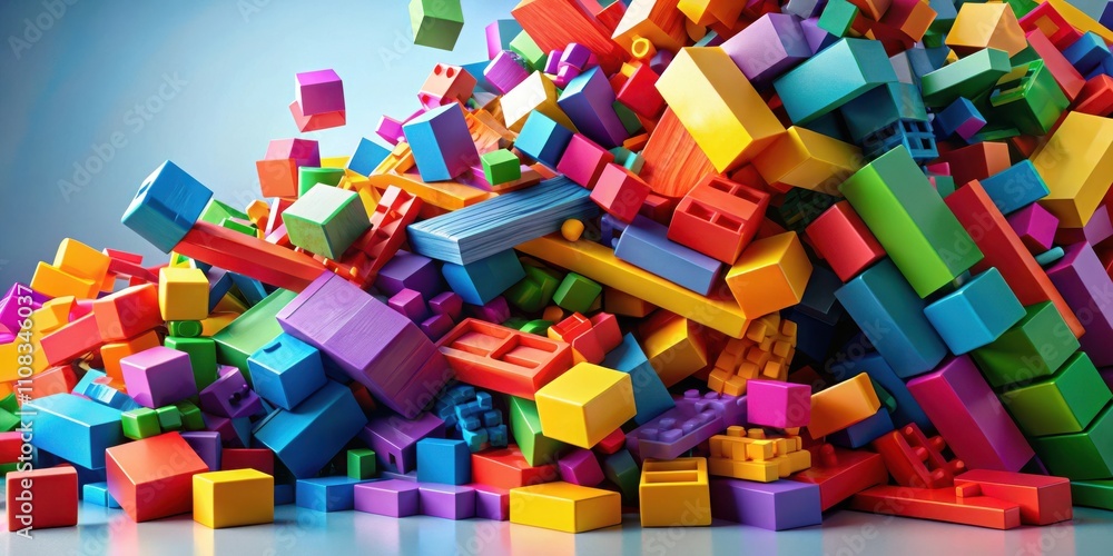 Aufkleber A vibrant and colorful collection of various shaped and sized building blocks scattered in a seemingly random pile, symbolizing the creative possibilities and endless combinations they offer.